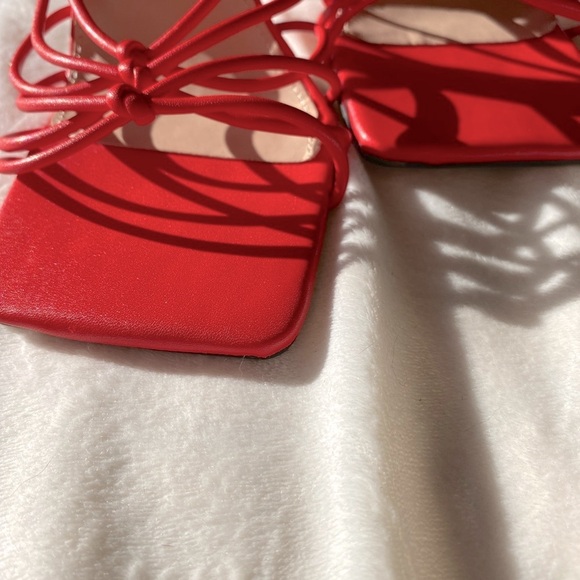Red Strappy Square Toe Lace-Up Women's Heels - Picture 10 of 11